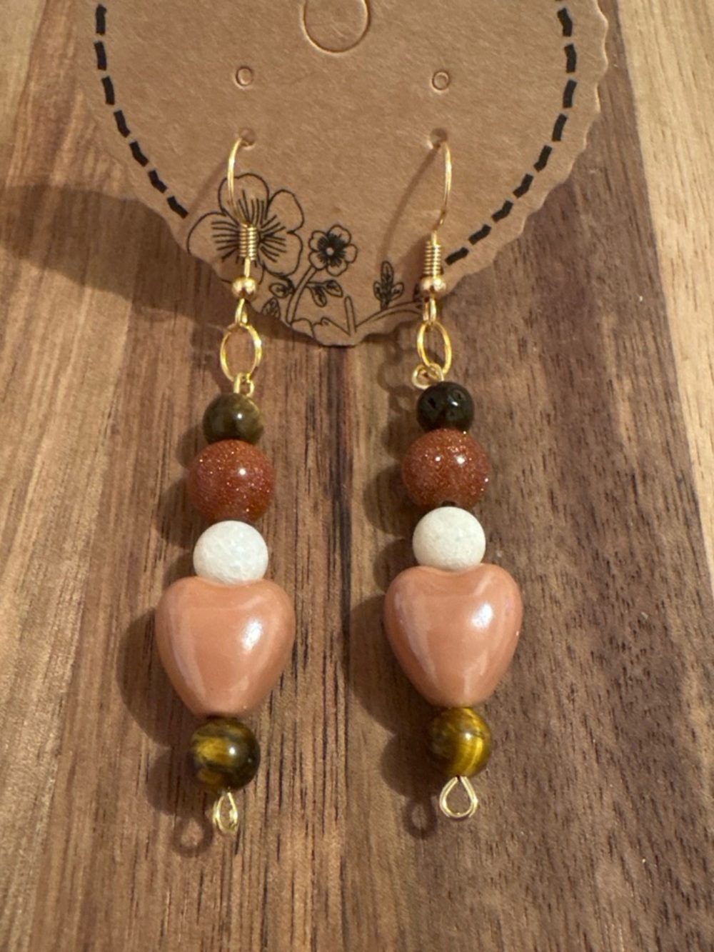 Handcrafted Heart Drop Earrings w/ Tigers Eye, Quartz, & Goldstone